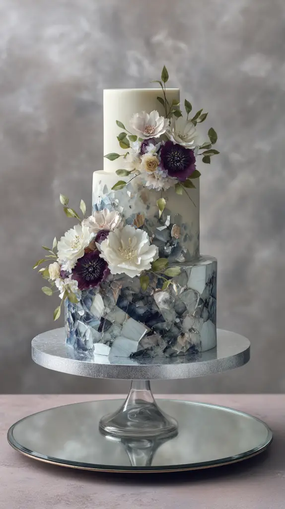 A three-tiered cake with a marble-like blue and white pattern, decorated with white and dark purple flowers and green leaves, makes for perfect wedding cake inspiration. Displayed on a glass stand, it’s an elegant choice against a soft, blurred background.