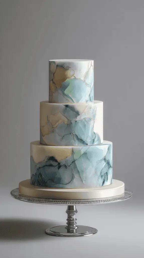 A three-tiered cake on a silver stand, decorated with a marbled watercolor effect in shades of blue, teal, and gold—perfect for those seeking wedding cake inspiration or luxurious touches for their elegant wedding cakes.