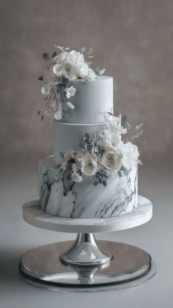 A luxury wedding cake, this three-tier design features marble-effect fondant adorned with white and light green flowers and foliage, displayed on a mirrored silver stand against a neutral background. Perfect for elegant wedding cakes inspiration.