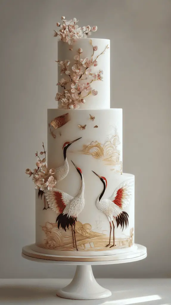 A three-tiered white cake decorated with painted red-crowned cranes, delicate pink cherry blossoms, and gold accents is perfect for couples seeking wedding cake inspiration and an elegant wedding cake display.