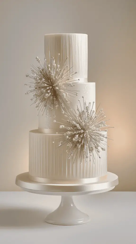 A three-tiered white cake with subtle vertical lines, decorated with two large, intricate, silver starburst toppers—an elegant wedding cake displayed on a white pedestal stand against a neutral background for luxury wedding cake inspiration.