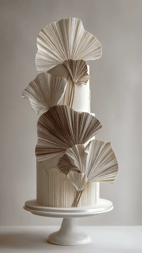 A tall, elegant white cake decorated with large, fan-shaped leaves in neutral tones of beige, cream, and gold—a stunning example of Luxury Wedding Cake—displayed on a white stand against a simple background.