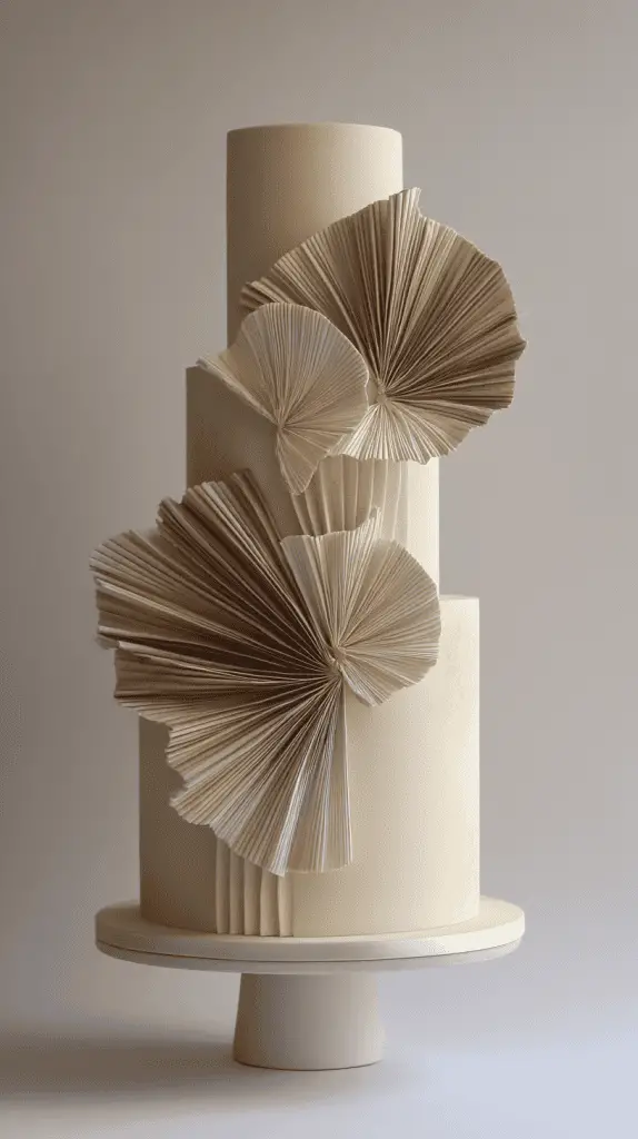 A three-tiered cream-colored cake, perfect for elegant wedding cakes, adorned with large, textured, fan-shaped edible paper in beige and light brown tones, set against a neutral background.