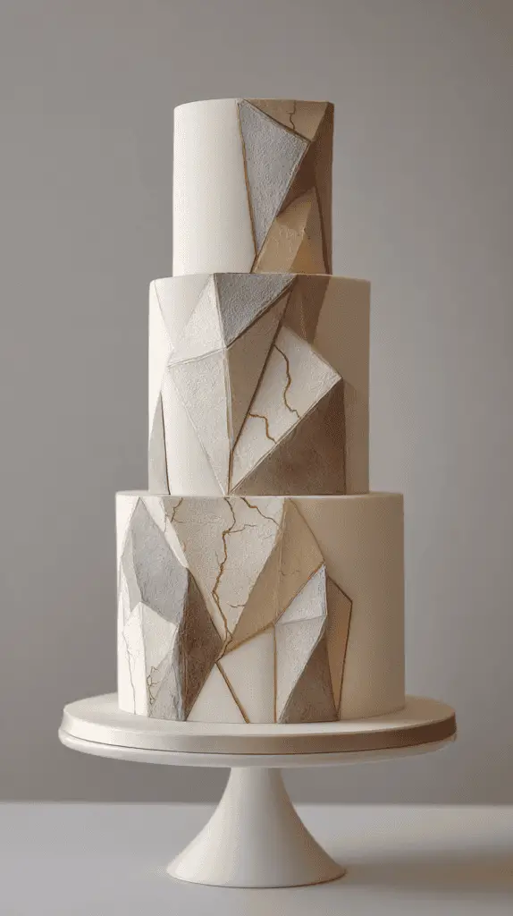 A three-tiered cake on a white stand, decorated with geometric shapes in shades of gray, beige, and gold, creating a modern, abstract look—perfect for those seeking luxury wedding cakes and unique wedding cake inspiration. The background is plain and neutral.