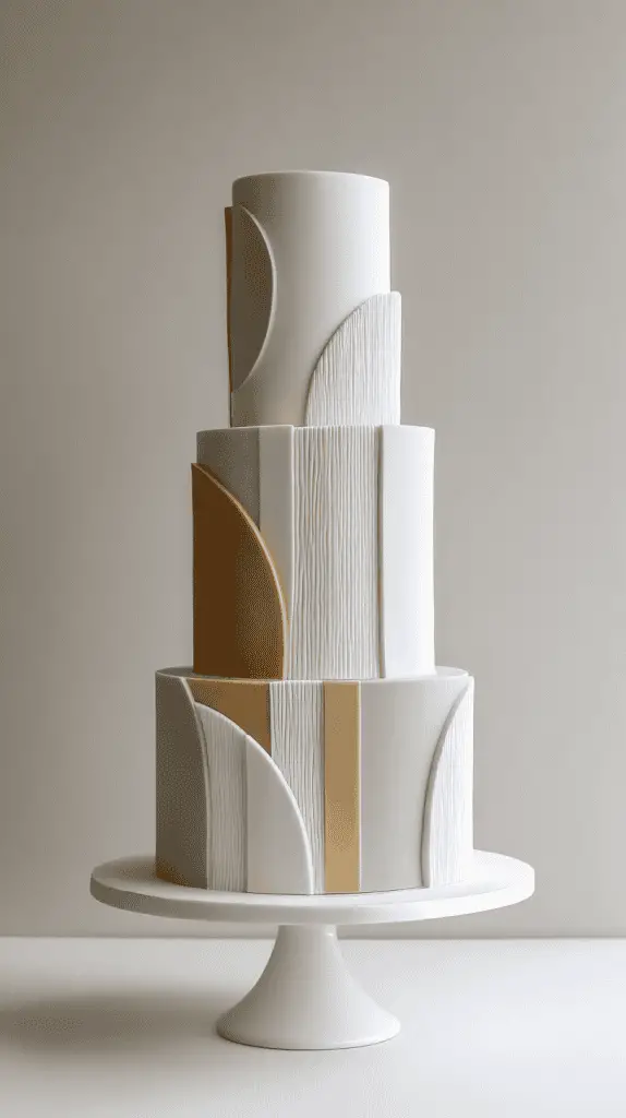 A modern, three-tiered elegant wedding cake decorated with smooth, minimalist geometric shapes in beige, gray, and white, featuring textured vertical lines, displayed on a white cake stand against a neutral background.