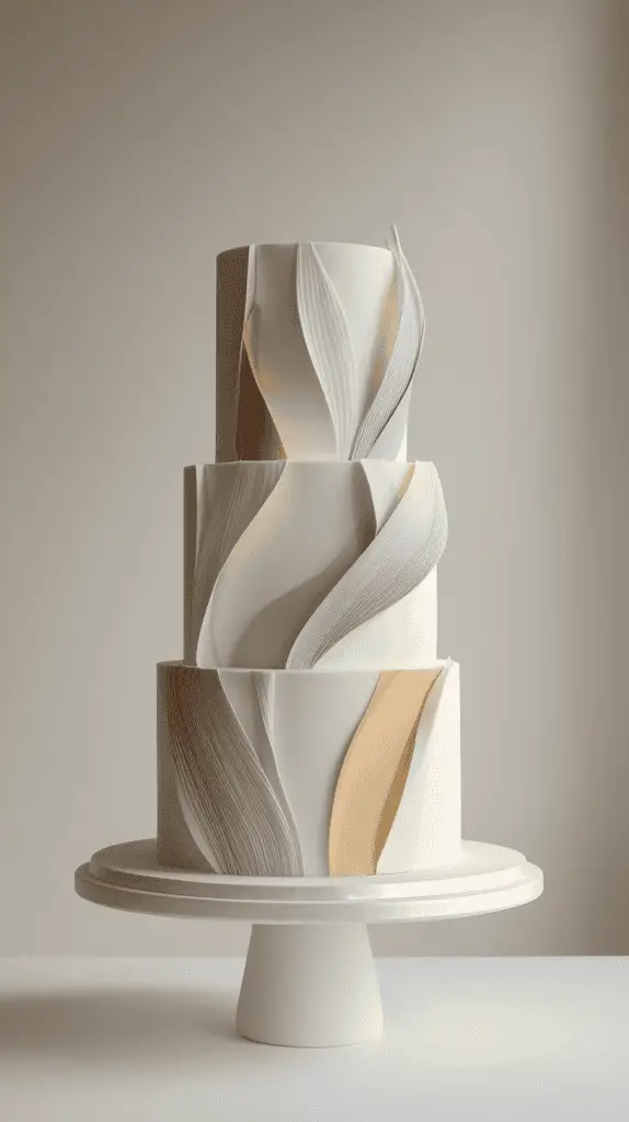 A luxury wedding cake with smooth white icing, adorned with sculpted waves and leaf-like shapes in soft beige and gray tones, sits elegantly on a white pedestal—perfect wedding cake inspiration against a neutral background.