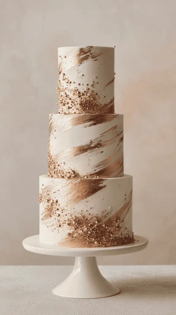 A four-tier white luxury wedding cake with metallic gold brushstroke decorations and gold sprinkles, displayed on a white cake stand against a neutral background. Perfect for those seeking elegant wedding cakes.