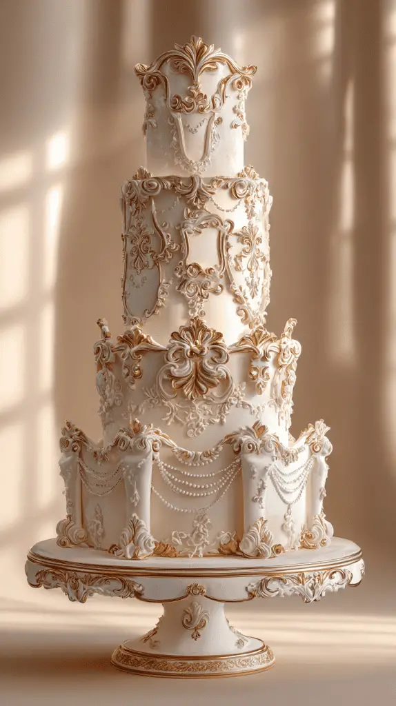 A tall, ornate luxury wedding cake with four tiers, decorated with intricate gold and white icing, scrollwork, and pearl-like details, stands on an elegant matching cake stand in soft natural light.