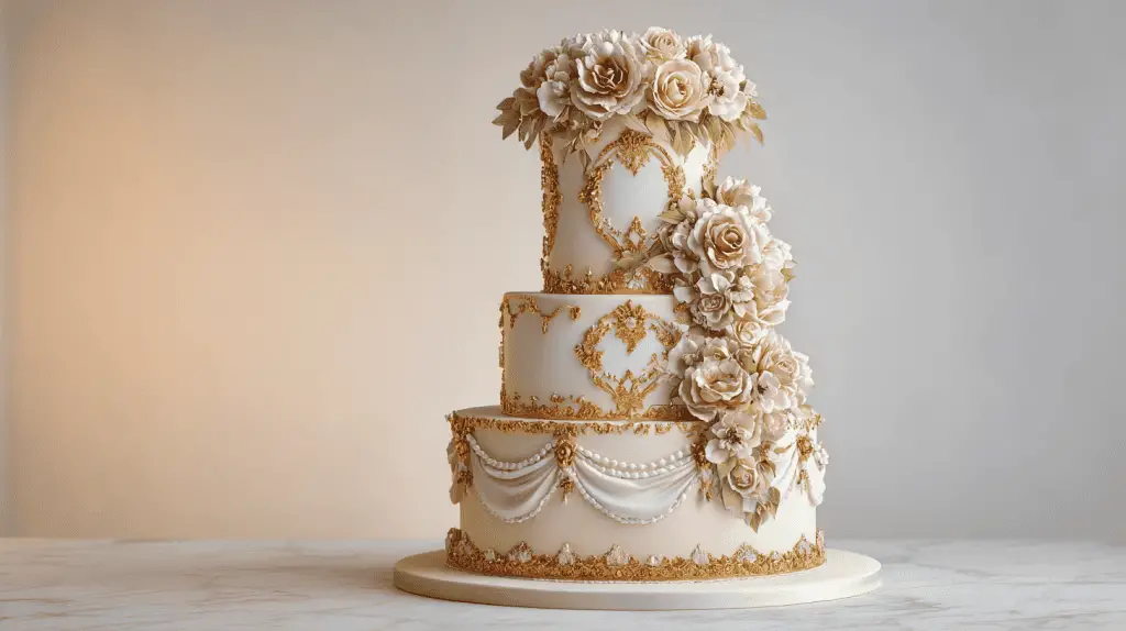 An elegant wedding cake, this three-tiered white creation features gold accents, draped icing, and cascading pink and ivory sugar flowers, set on marble—a true piece of wedding cake inspiration against a soft neutral background.