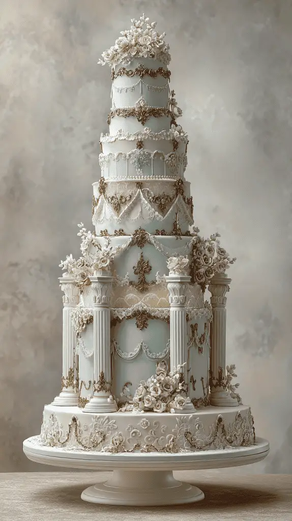 A tall, ornate luxury wedding cake with multiple tiers, decorated with pale blue icing, gold accents, white columns, floral details, and intricate piping is displayed on a round white cake stand—perfect wedding cake inspiration.