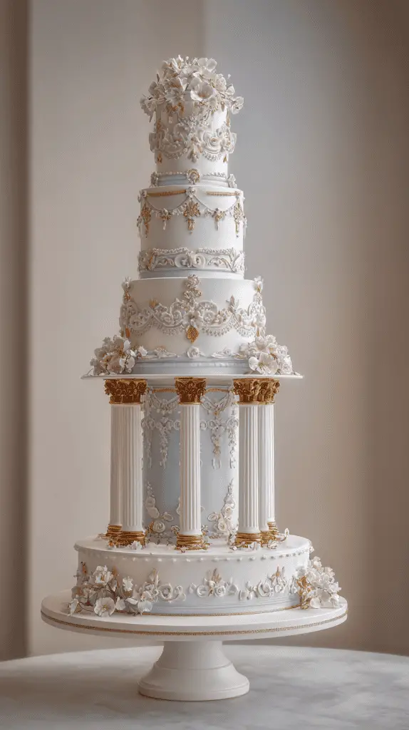 A tall, ornate luxury wedding cake with five tiers, gold accents, white icing, delicate pink flowers, and four white columns supporting the upper layers—perfect wedding cake inspiration for lovers of classical architectural elegance.
