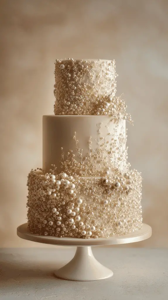 A three-tiered ivory cake decorated with intricate gold pearls and delicate sugar sprigs, this elegant wedding cake is displayed on a matching stand against a soft beige background—perfect for wedding cake inspiration.