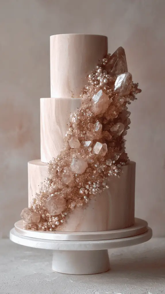 A three-tiered marble cake decorated with large pink sugar crystals and clusters of gold and white edible pearls, displayed on a white pedestal—perfect for those seeking elegant wedding cakes and timeless wedding cake inspiration.