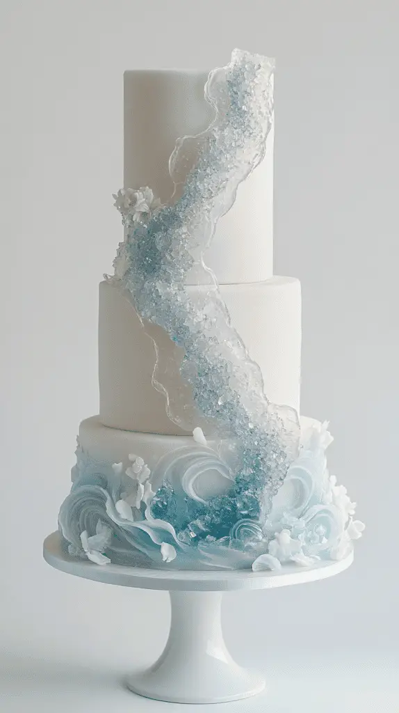 three-tier opalite-inspired wedding cake decorated with delicate sugar coral formations