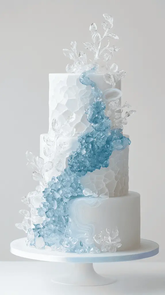 three-tier opalite-inspired wedding cake decorated with delicate sugar coral formations