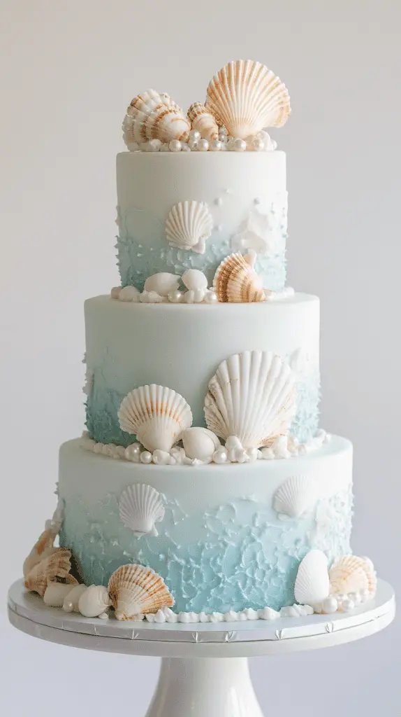 three-tier sea glass opalite cake featuring layered airbrushed buttercream in milky blue-white tones