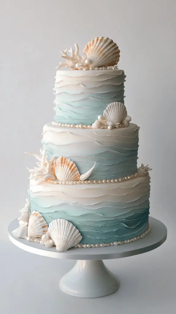 three-tier sea glass opalite cake featuring layered airbrushed buttercream in milky blue-white tones