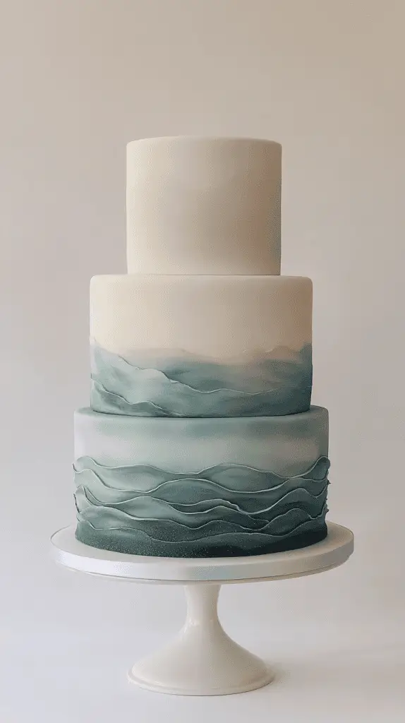 three-tier modern opalite shoreline ombre wedding cake with airbrushed gradients moving from sand-cream