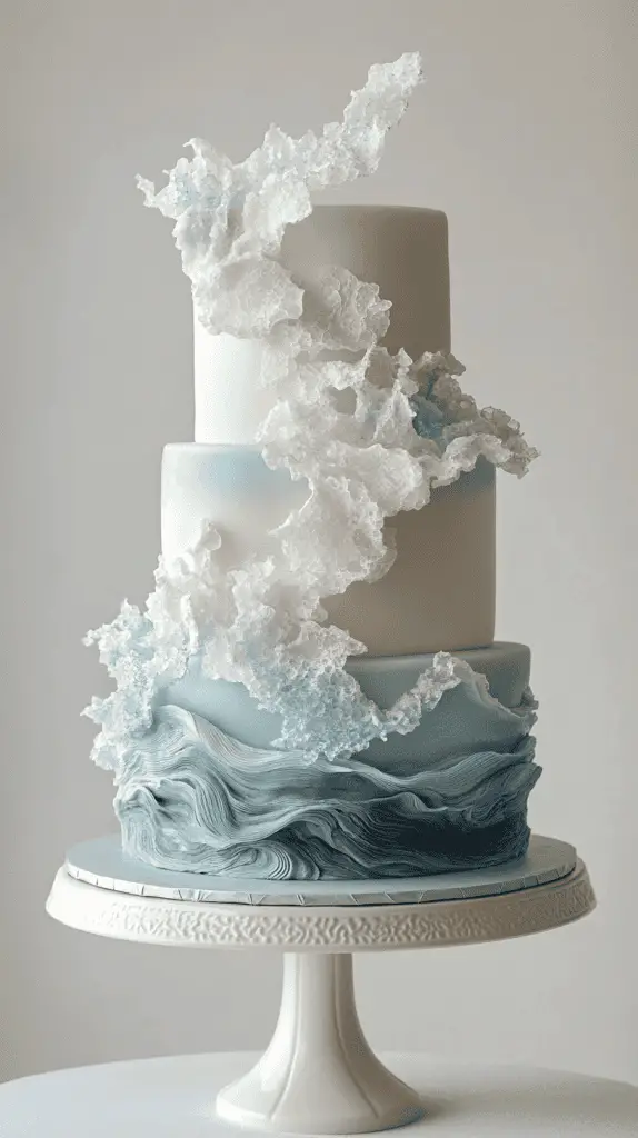 three-tier opalite ocean wedding cake showcasing hand-painted watercolor currents in pale blue and white