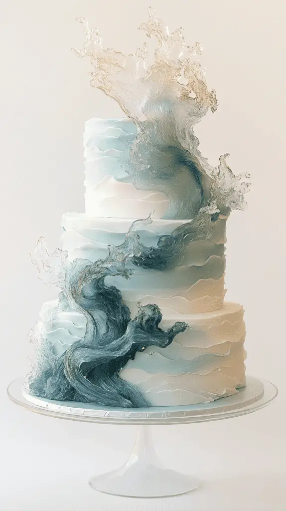 three-tier opalite ocean wedding cake showcasing hand-painted watercolor currents in pale blue and white