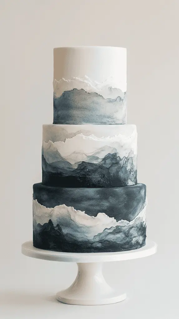 three-tier ocean opalite wedding cake featuring soft blue merging into pearl white