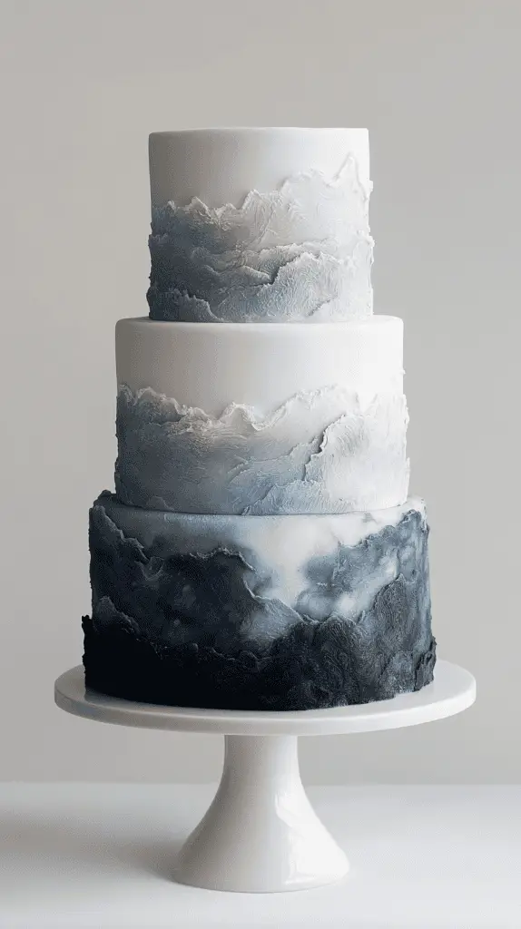 three-tier ocean opalite wedding cake featuring soft blue merging into pearl white