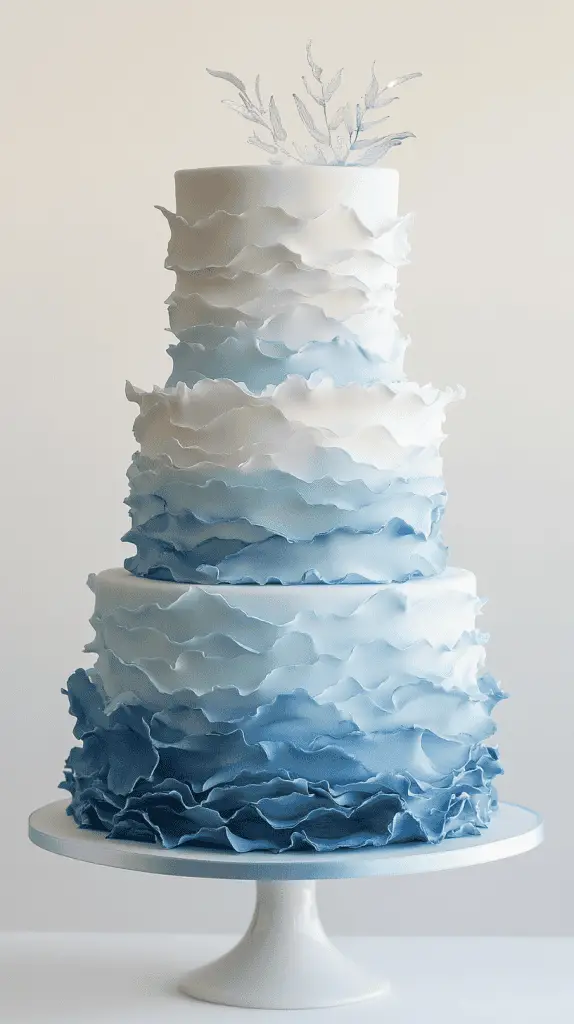 three-tier opalite ocean wedding cake showcasing hand-painted watercolor currents in pale blue and white