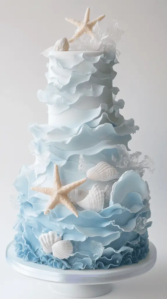 three-tier opalite-inspired wedding cake decorated with delicate sugar coral formations
