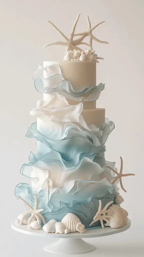 three-tier opalite-inspired wedding cake decorated with delicate sugar coral formations
