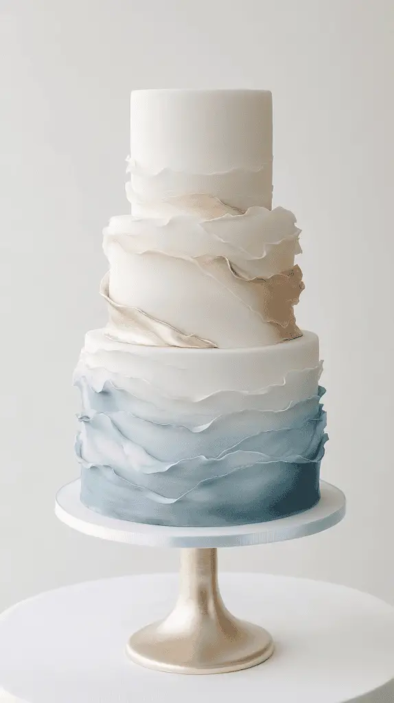 three-tier ocean opalite wedding cake featuring soft blue merging into pearl white