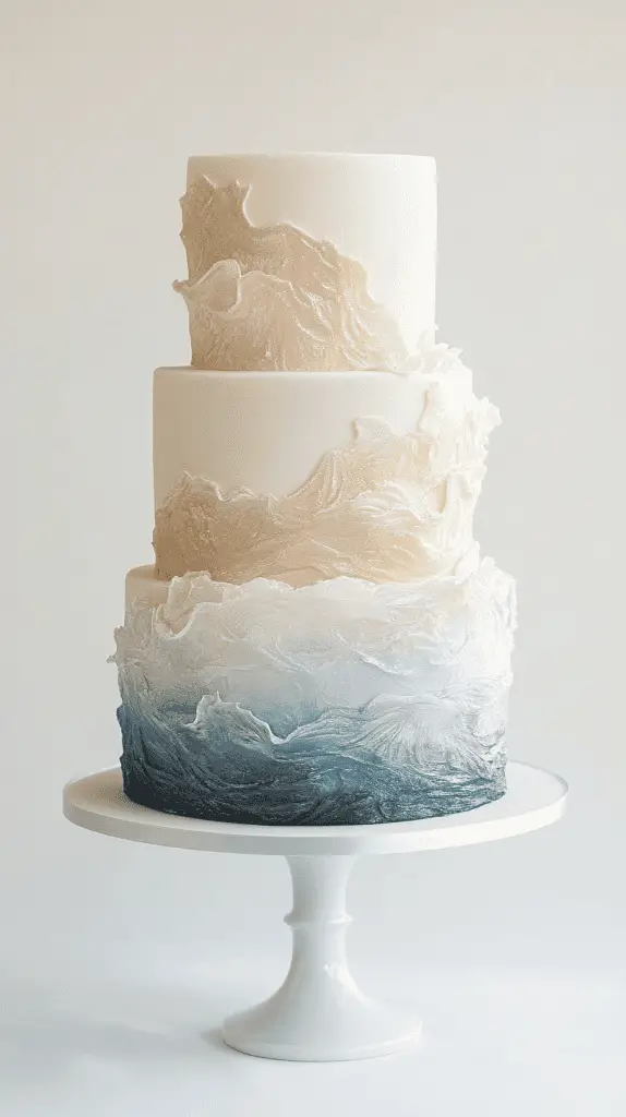 three-tier ocean opalite wedding cake featuring soft blue merging into pearl white