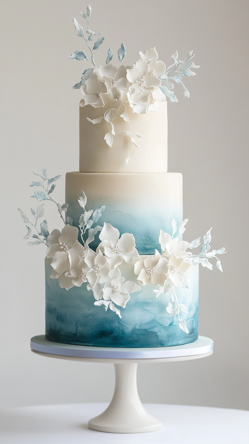 three-tier modern opalite shoreline ombre wedding cake with airbrushed gradients moving from sand-cream