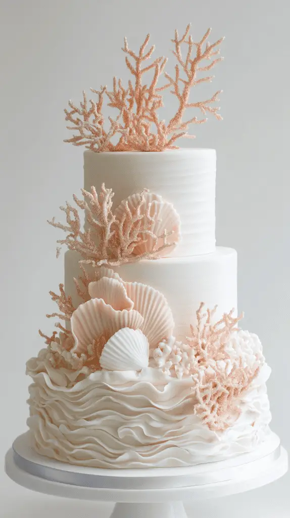 three-tier opalite-inspired wedding cake decorated with delicate sugar coral formations