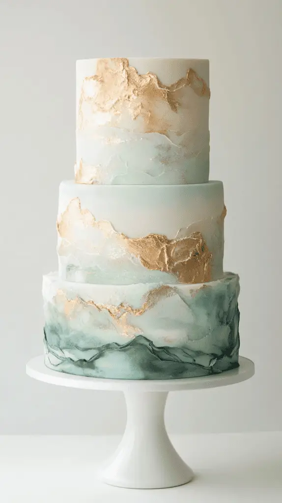 three-tier ocean opalite wedding cake featuring soft blue merging into pearl white