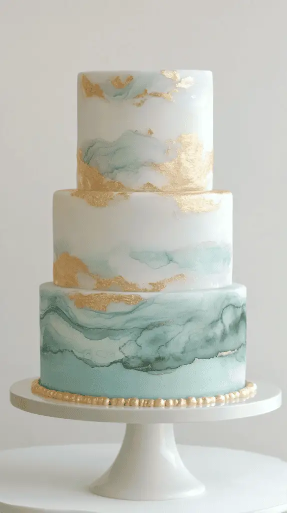 three-tier ocean opalite wedding cake featuring soft blue merging into pearl white