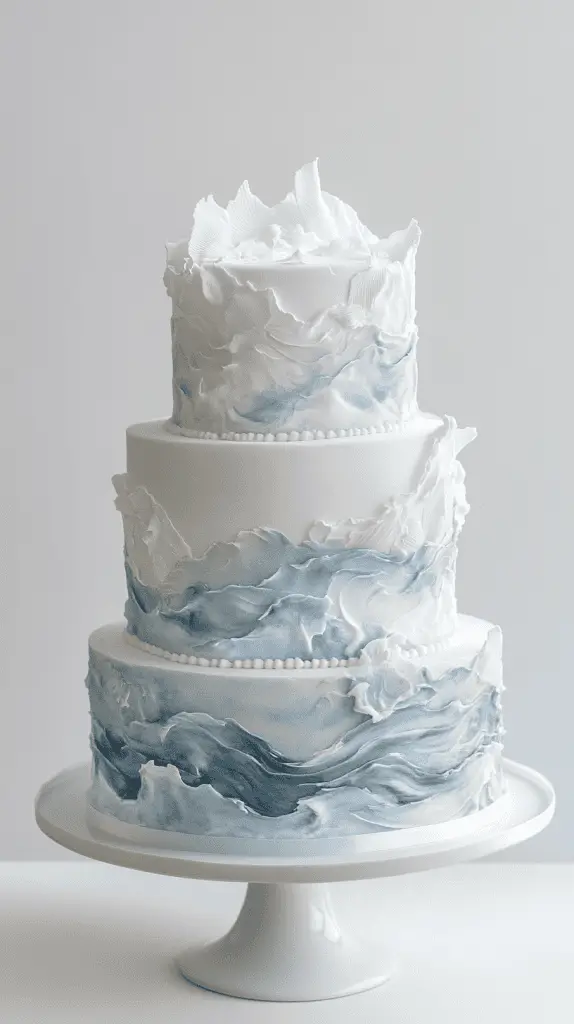 three-tier opalite ocean wedding cake showcasing hand-painted watercolor currents in pale blue and white