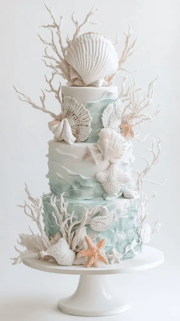 three-tier sea glass opalite cake featuring layered airbrushed buttercream in milky blue-white tones