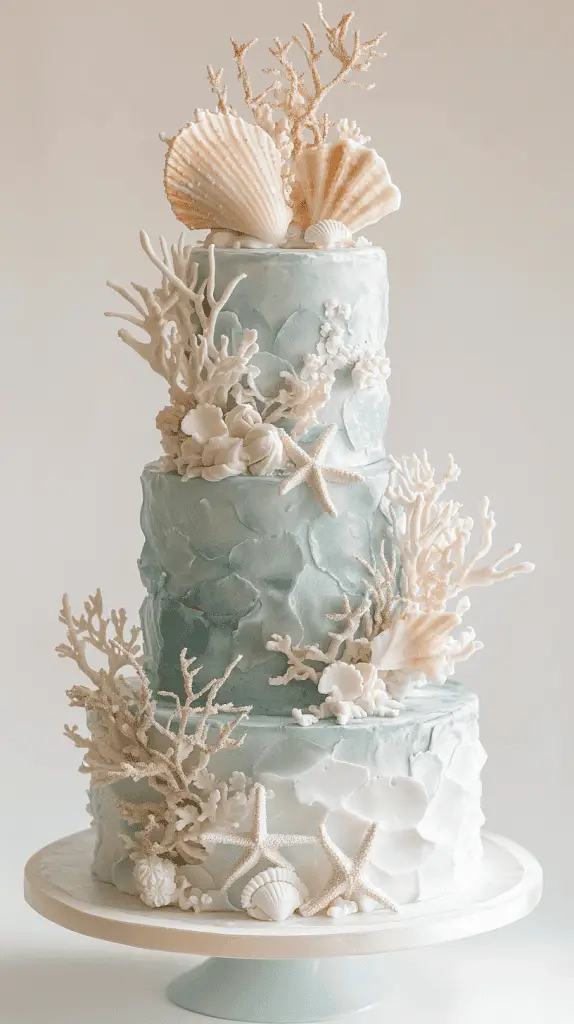 three-tier sea glass opalite cake featuring layered airbrushed buttercream in milky blue-white tones