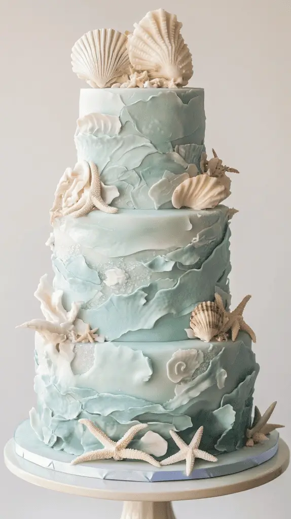three-tier sea glass opalite cake featuring layered airbrushed buttercream in milky blue-white tones