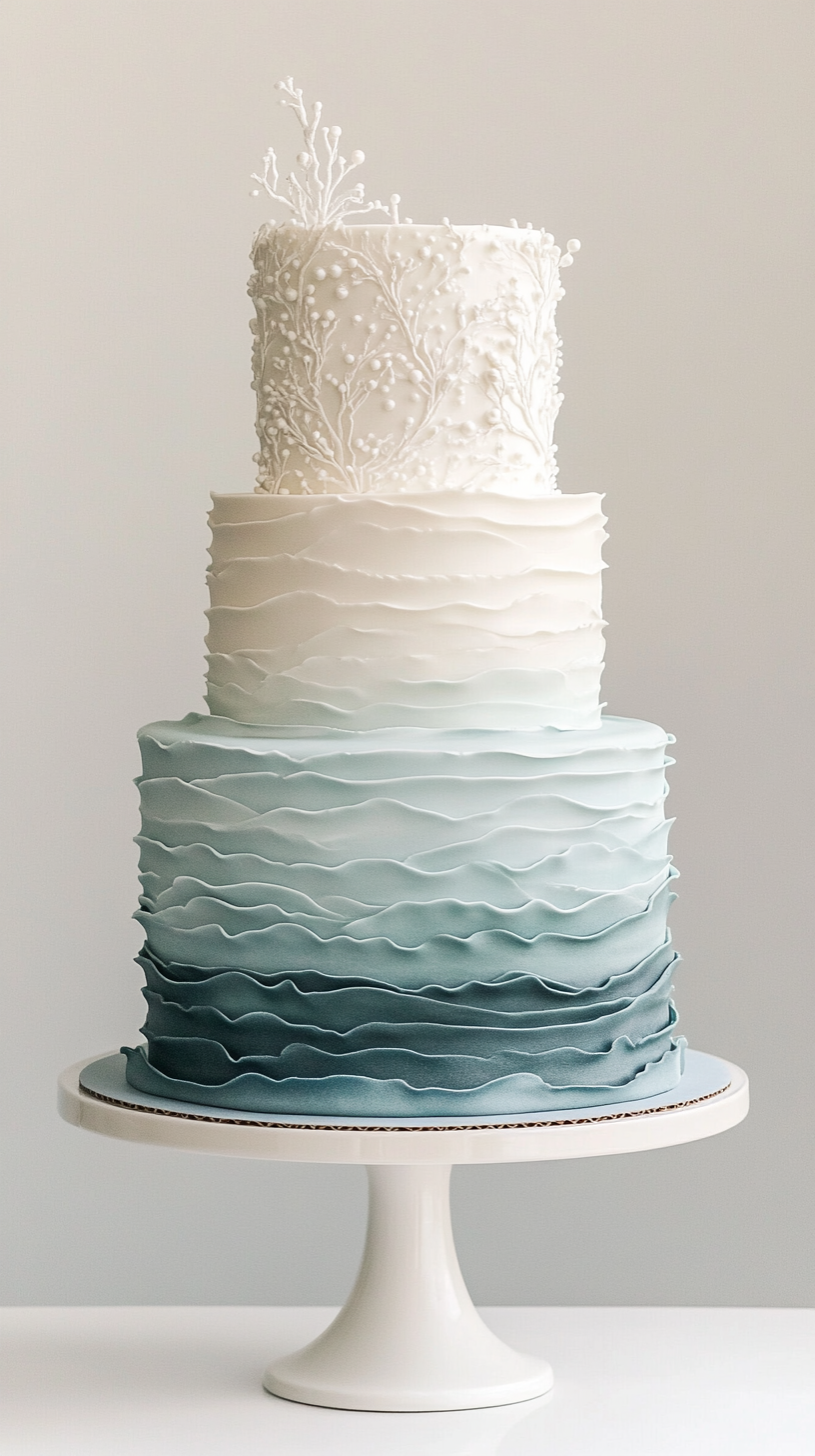 three-tier modern opalite shoreline ombre wedding cake with airbrushed gradients moving from sand-cream