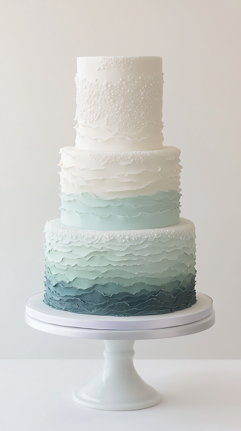 three-tier modern opalite shoreline ombre wedding cake with airbrushed gradients moving from sand-cream