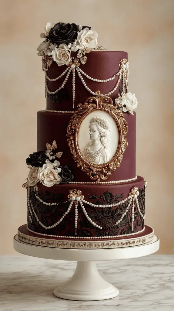 Three-tiered burgundy Luxury Wedding Cake adorned with white and black roses, pearl garlands, gold accents, and a central cameo-style portrait framed in gold, displayed on a white stand against a soft brown background.