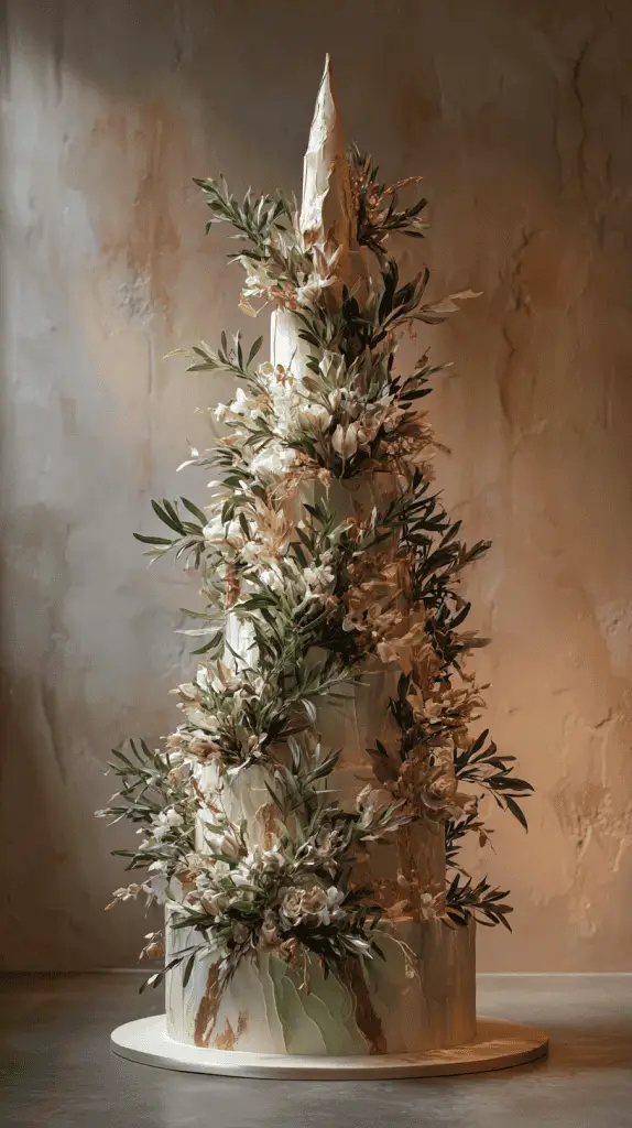 A tall, elegant wedding cake decorated with cascading white flowers and greenery, set against a textured, neutral-colored background—perfect inspiration for those seeking the latest Wedding Cake Trends 2026.