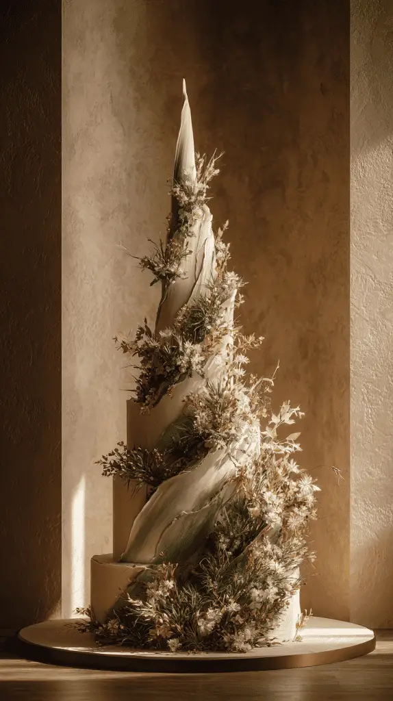 A tall, elegantly tiered wedding cake with a spiraling, leaf-like design, adorned with green foliage and white flowers, stands against a softly lit beige background—perfect inspiration for Wedding Cake Designs and upcoming Wedding Cake Trends 2026.