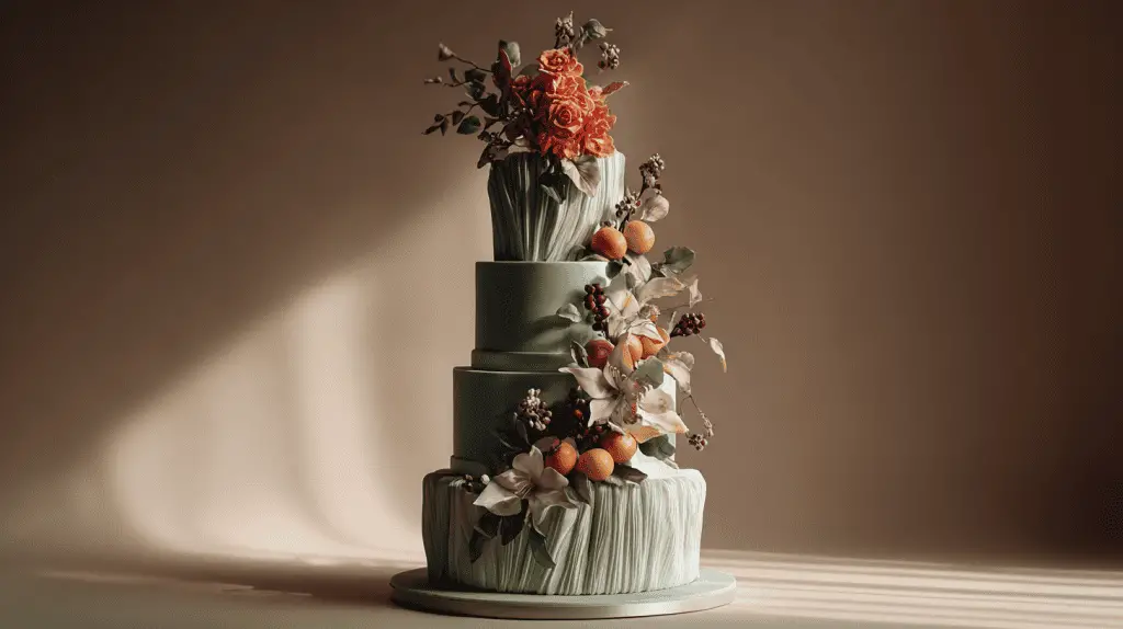 A three-tiered pastel green cake adorned with realistic sugar flowers, leaves, and small fruits, arranged artfully on each tier—a stunning example of 2026 wedding cakes set against a softly lit, neutral background.