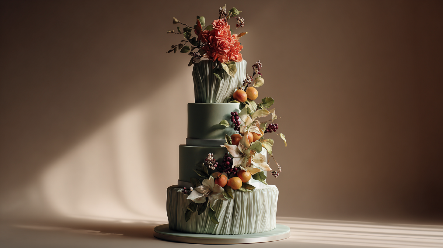 A three-tiered pastel green cake adorned with realistic sugar flowers, leaves, and small fruits, arranged artfully on each tier—a stunning example of 2026 wedding cakes set against a softly lit, neutral background.