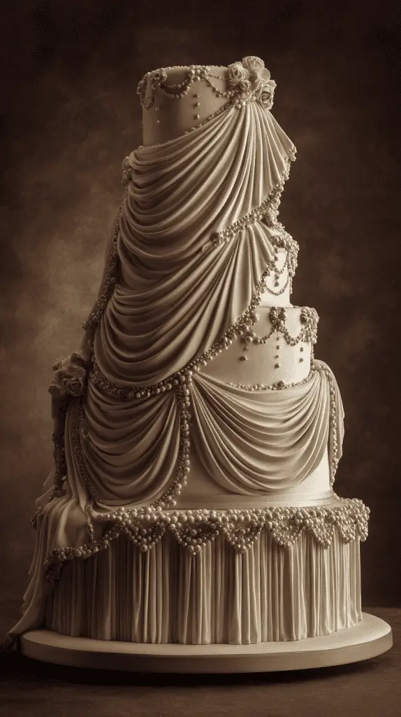 A tall, elegant wedding cake decorated with ivory fondant drapes, pearl-like details, and delicate floral accents embodies the latest Wedding Cake Trends 2026, set against a dark, softly blurred background.