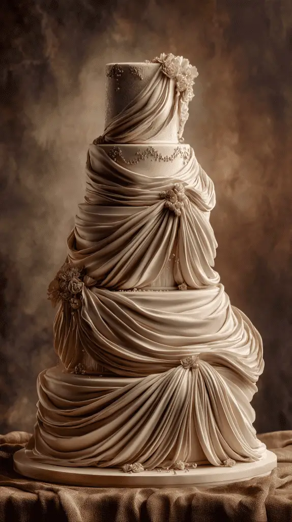 A four-tiered cake decorated with elegant, draped ivory fondant resembling fabric, adorned with delicate sugar flowers and pearl-like accents, showcases the latest Wedding Cake Designs against a softly blurred, warm brown background.