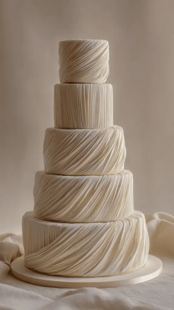 A five-tiered cake with smooth ivory fondant, decorated with elegant, draped folds resembling fabric, showcases wedding cake designs that are set to inspire Wedding Cake Trends 2026, against a soft, neutral background.