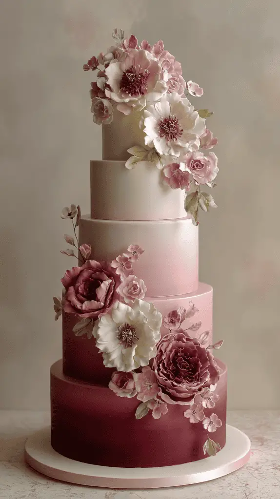 A five-tiered ombré cake in shades of pink and burgundy, decorated with realistic sugar flowers like peonies and roses cascading down one side—perfect inspiration for Wedding Cake Designs and upcoming Wedding Cake Trends 2026.